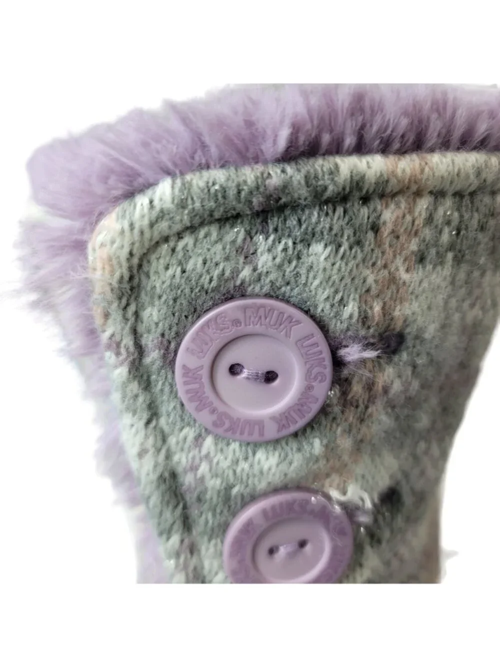 Muk Luks Girls Malena Sweater Knit Boots Purple Gray Size 2 Plaid Mid Height